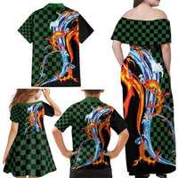 Japanese Asanoha Pattern Family Matching Off Shoulder Maxi Dress and Hawaiian Shirt Sun Flame Slayer Dragon Hinokami Kagura Spirit - Polynesian Pride