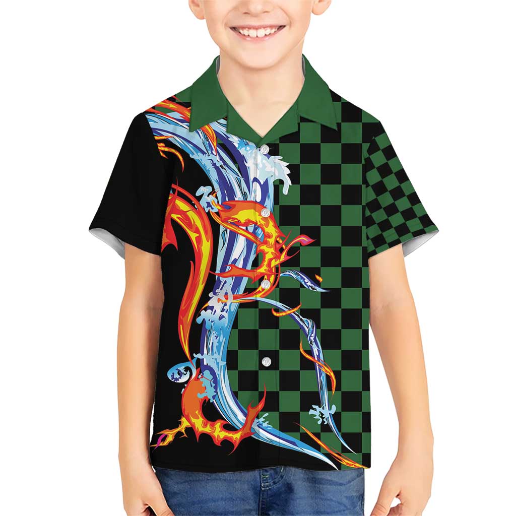 Japanese Asanoha Pattern Kid Hawaiian Shirt Sun Flame Slayer Dragon Hinokami Kagura Spirit LT9 Kid Green - Polynesian Pride