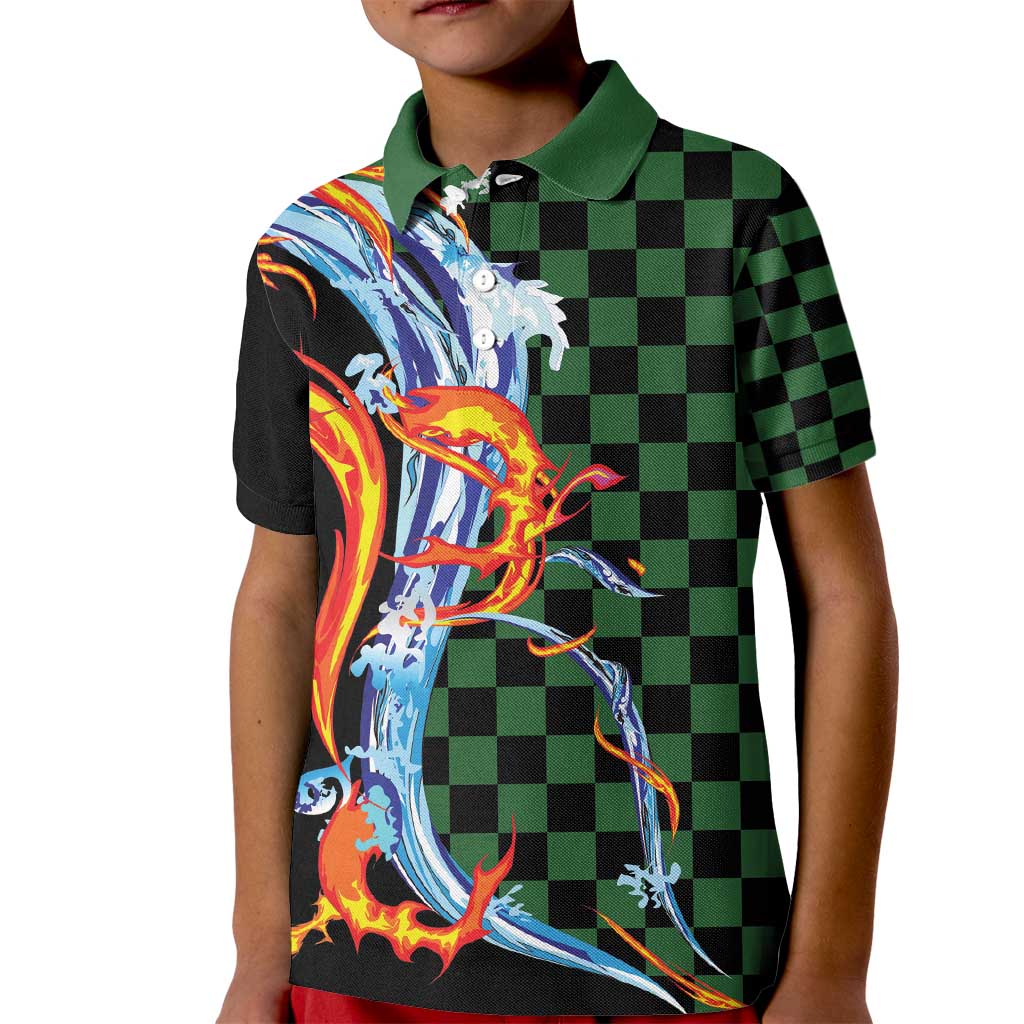 Japanese Asanoha Pattern Kid Polo Shirt Sun Flame Slayer Dragon Hinokami Kagura Spirit LT9 Kid Green - Polynesian Pride