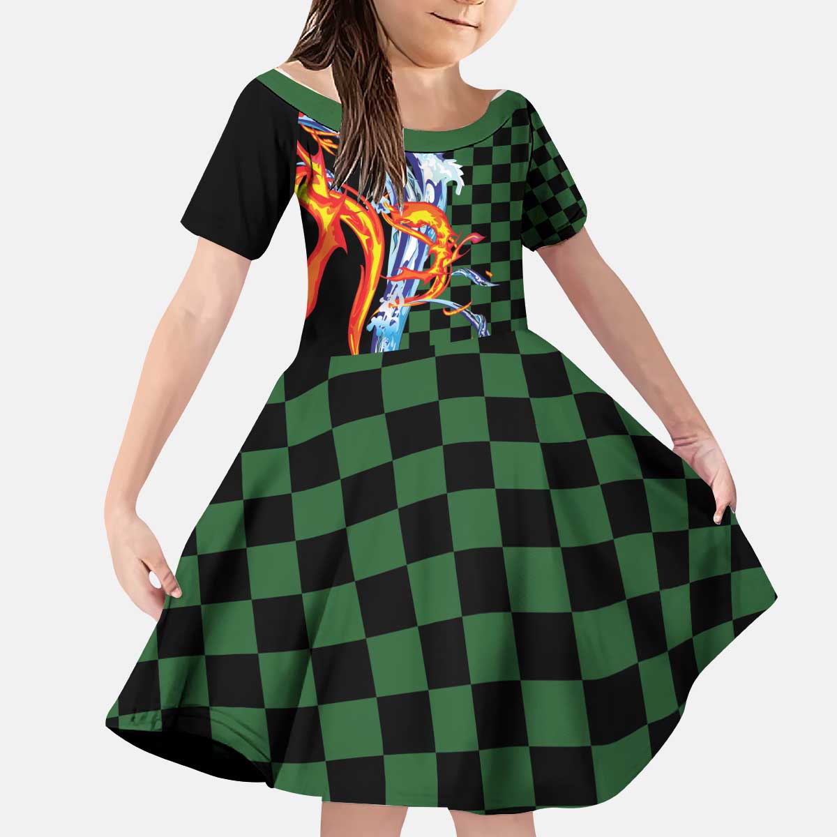 Japanese Asanoha Pattern Kid Short Sleeve Dress Sun Flame Slayer Dragon Hinokami Kagura Spirit - Polynesian Pride