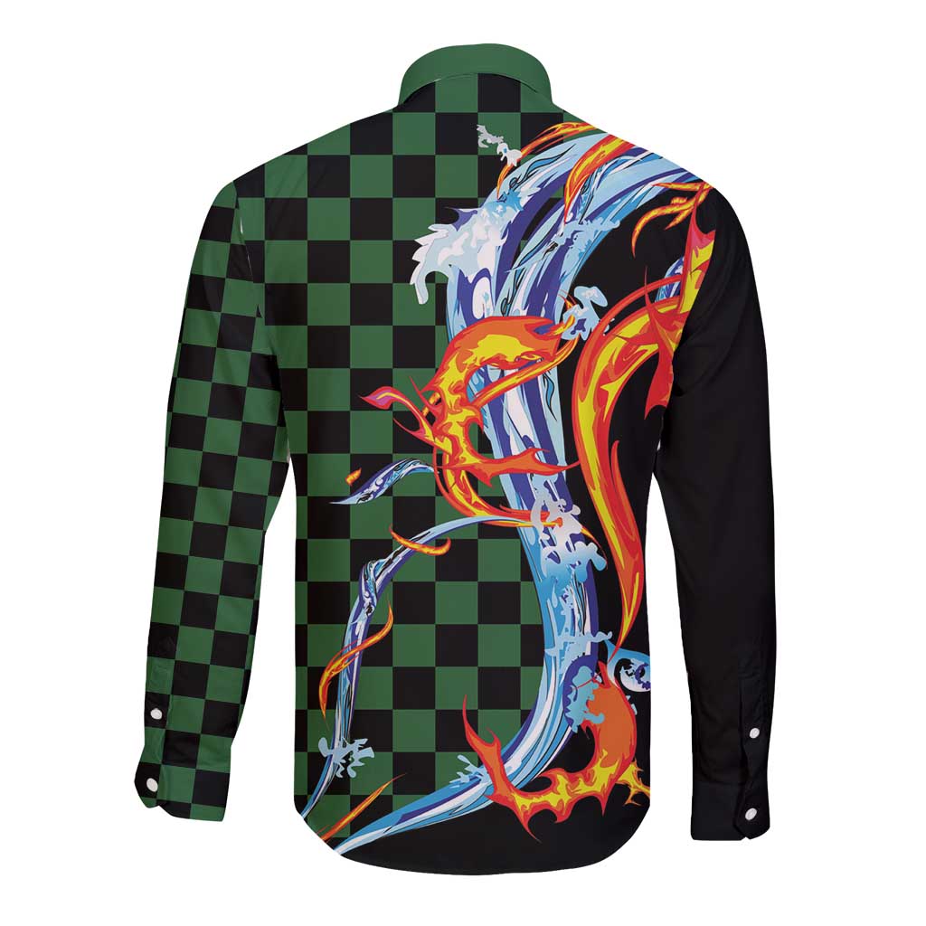 Japanese Asanoha Pattern Long Sleeve Button Shirt Sun Flame Slayer Dragon Hinokami Kagura Spirit - Polynesian Pride