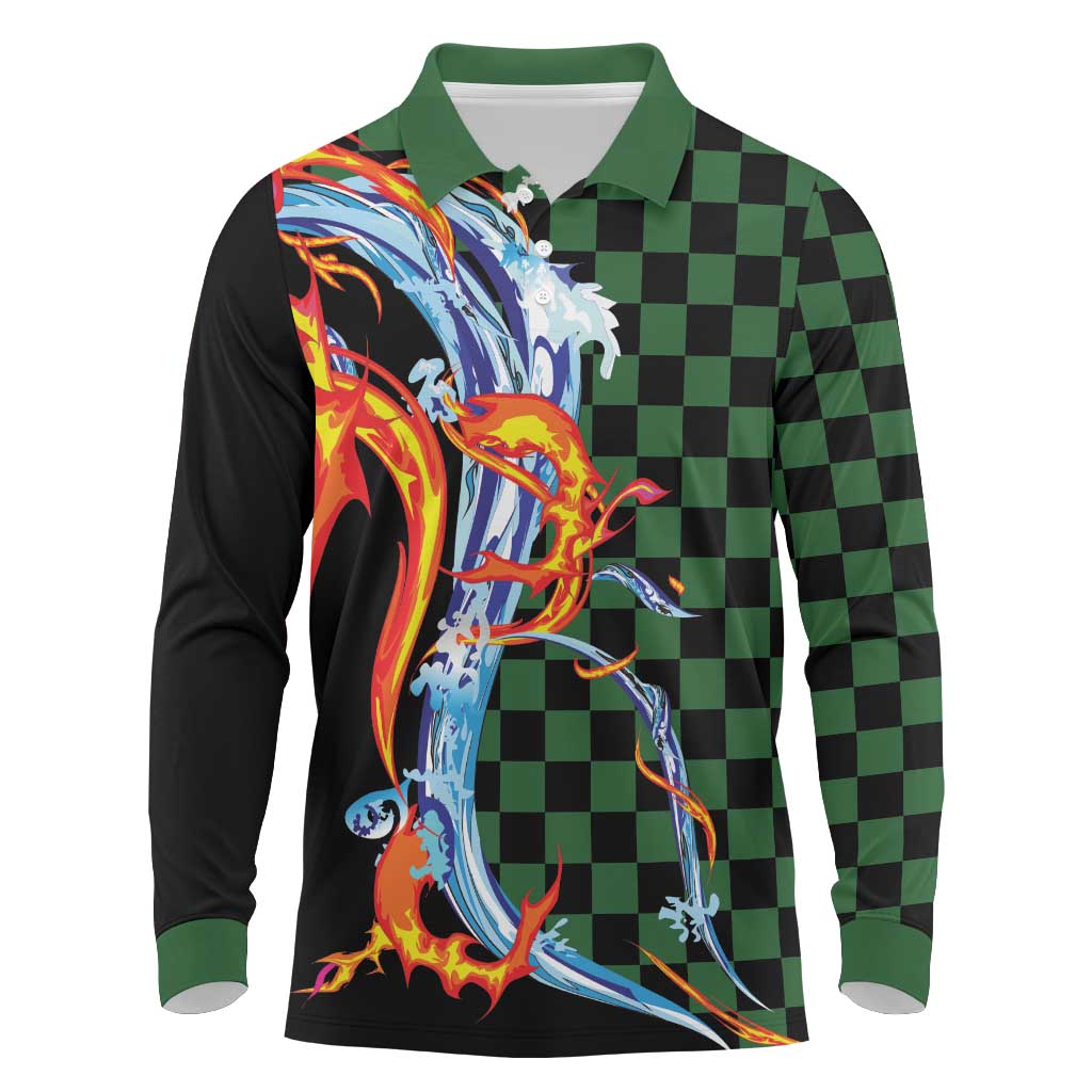 Japanese Asanoha Pattern Long Sleeve Polo Shirt Sun Flame Slayer Dragon Hinokami Kagura Spirit LT9 Green - Polynesian Pride