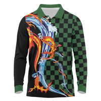 Japanese Asanoha Pattern Long Sleeve Polo Shirt Sun Flame Slayer Dragon Hinokami Kagura Spirit LT9 Green - Polynesian Pride
