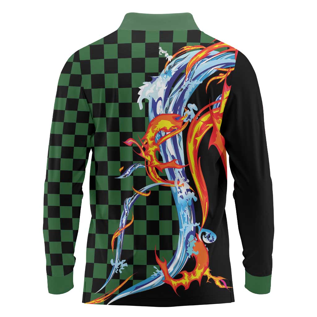Japanese Asanoha Pattern Long Sleeve Polo Shirt Sun Flame Slayer Dragon Hinokami Kagura Spirit LT9 - Polynesian Pride