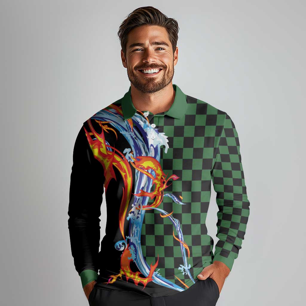 Japanese Asanoha Pattern Long Sleeve Polo Shirt Sun Flame Slayer Dragon Hinokami Kagura Spirit LT9 - Polynesian Pride