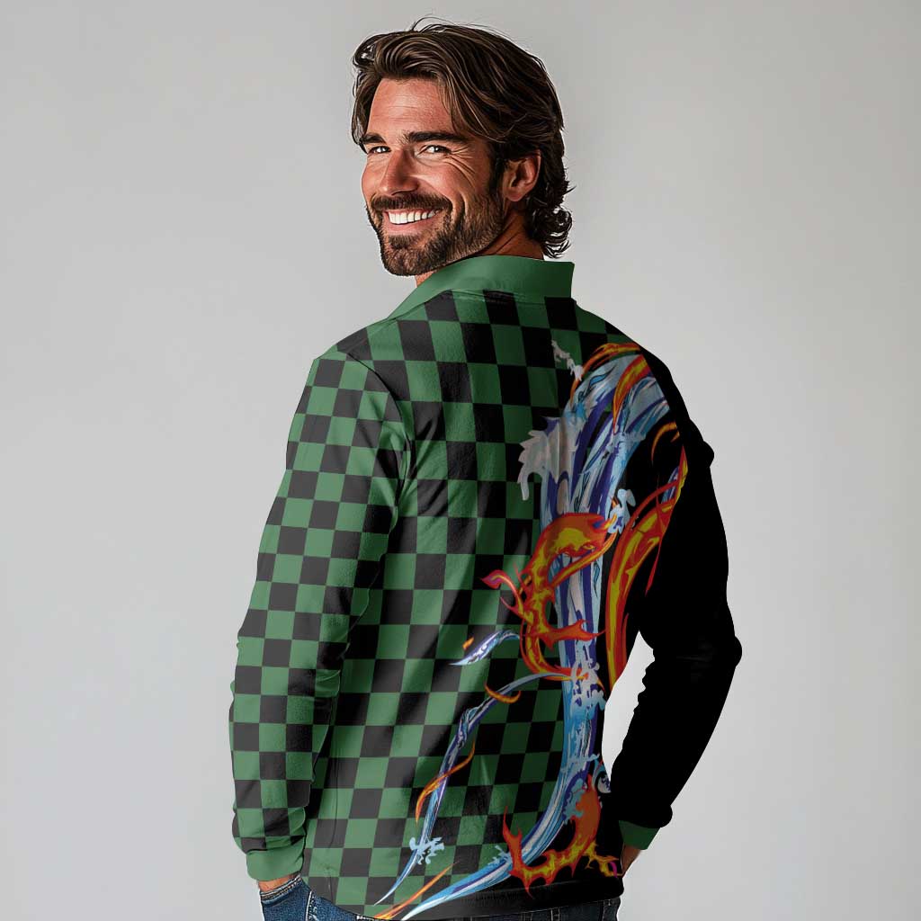 Japanese Asanoha Pattern Long Sleeve Polo Shirt Sun Flame Slayer Dragon Hinokami Kagura Spirit LT9 - Polynesian Pride