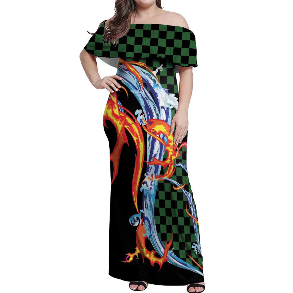 Japanese Asanoha Pattern Off Shoulder Maxi Dress Sun Flame Slayer Dragon Hinokami Kagura Spirit LT9 Women Green - Polynesian Pride