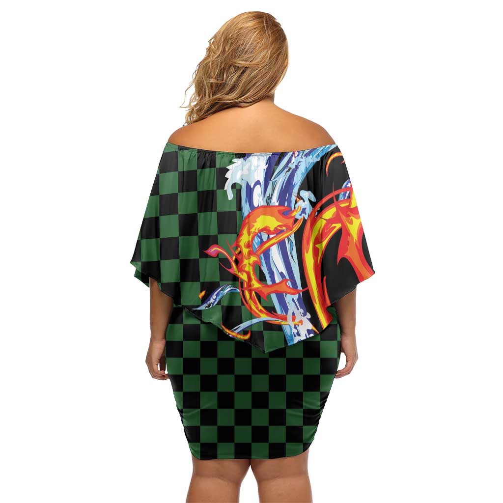 Japanese Asanoha Pattern Off Shoulder Short Dress Sun Flame Slayer Dragon Hinokami Kagura Spirit - Polynesian Pride