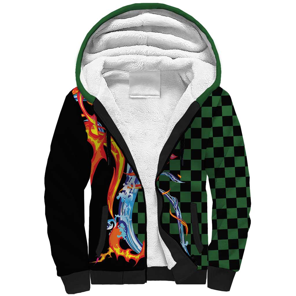 Japanese Asanoha Pattern Sherpa Hoodie Sun Flame Slayer Dragon Hinokami Kagura Spirit LT9 Unisex Green - Polynesian Pride