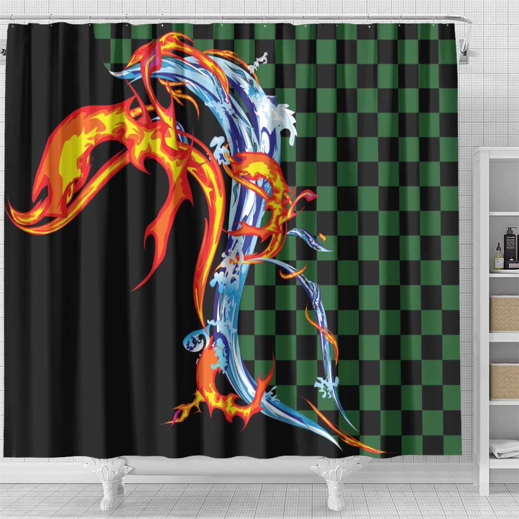 Japanese Asanoha Pattern Shower Curtain Sun Flame Slayer Dragon Hinokami Kagura Spirit - Polynesian Pride