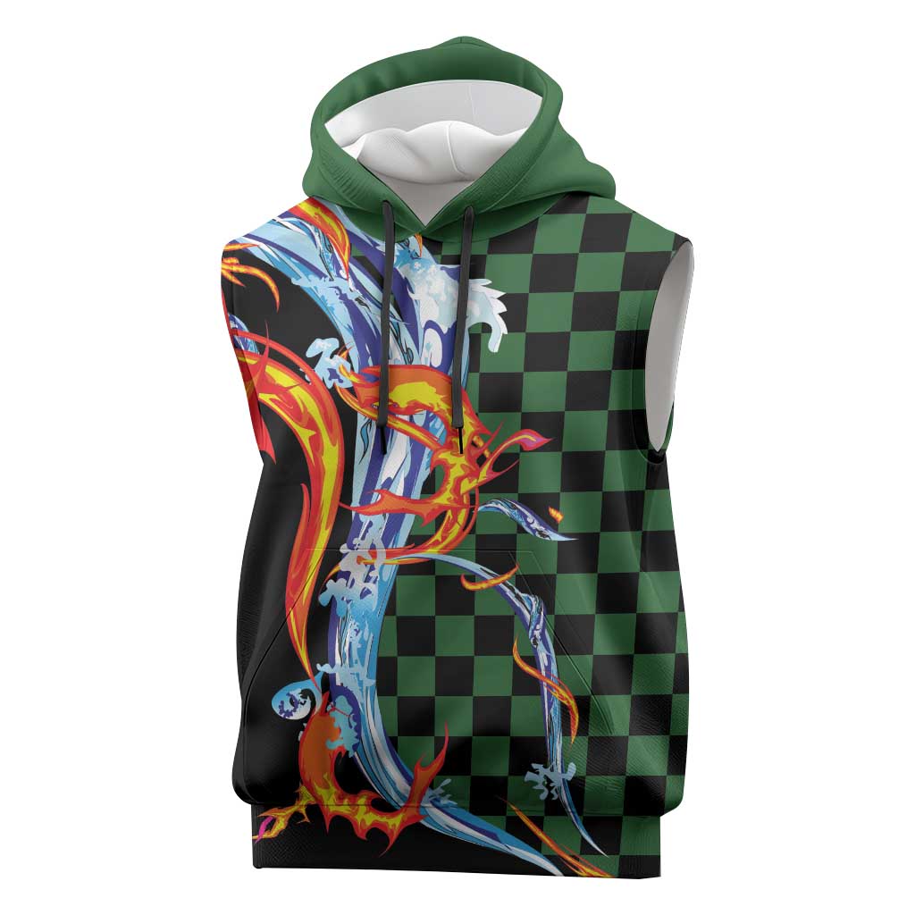 Japanese Asanoha Pattern Sleeveless Hoodie Sun Flame Slayer Dragon Hinokami Kagura Spirit LT9 Green - Polynesian Pride