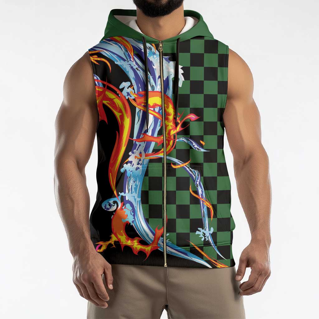 Japanese Asanoha Pattern Sleeveless Zip Hoodie Sun Flame Slayer Dragon Hinokami Kagura Spirit - Polynesian Pride