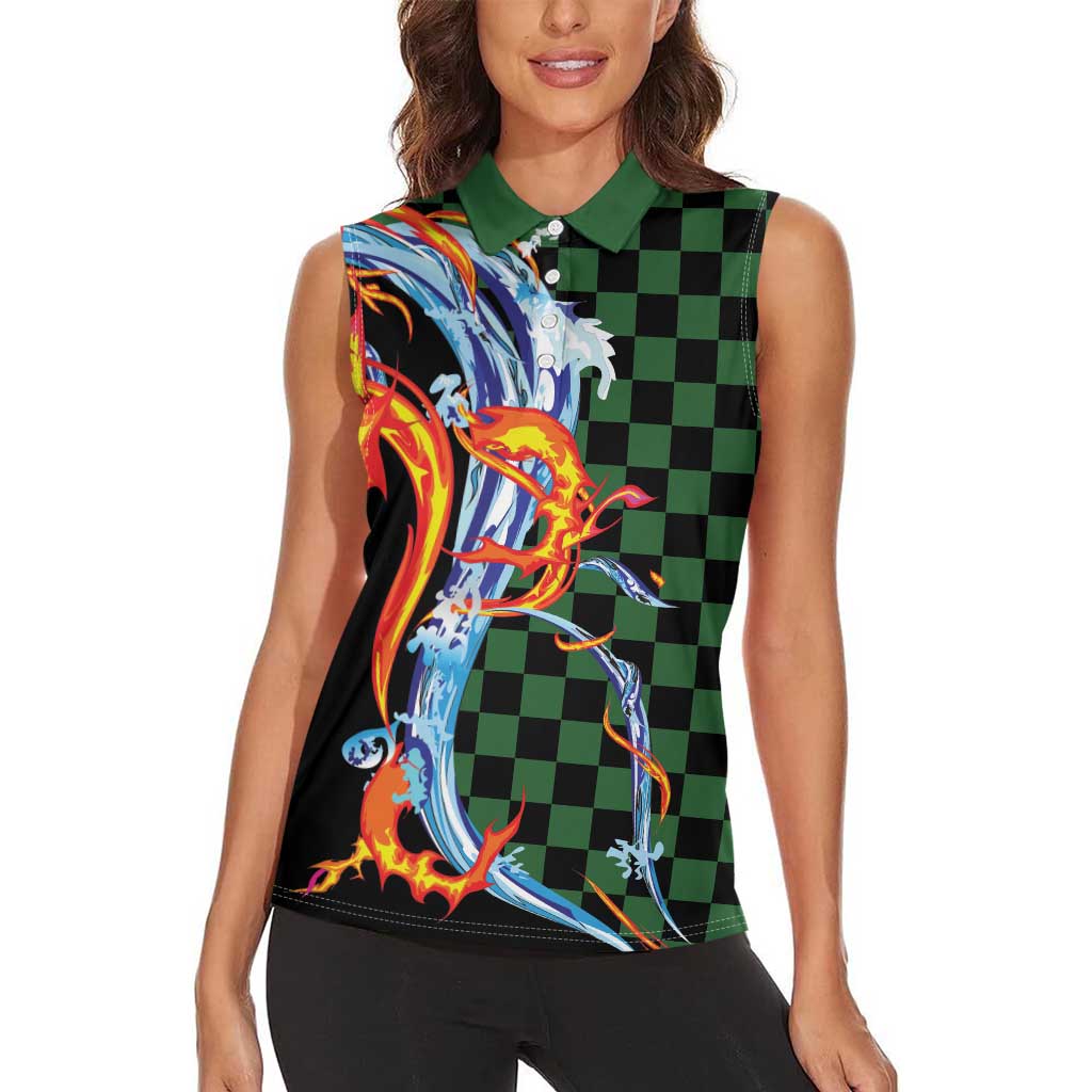 Japanese Asanoha Pattern Women Sleeveless Polo Shirt Sun Flame Slayer Dragon Hinokami Kagura Spirit - Polynesian Pride