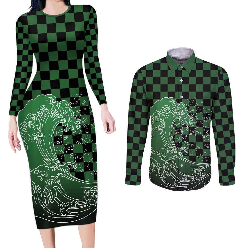 Japanese Asanoha Pattern Couples Matching Long Sleeve Bodycon Dress and Long Sleeve Button Shirt Water Breathing Slayer Dragon LT9 Green - Polynesian Pride