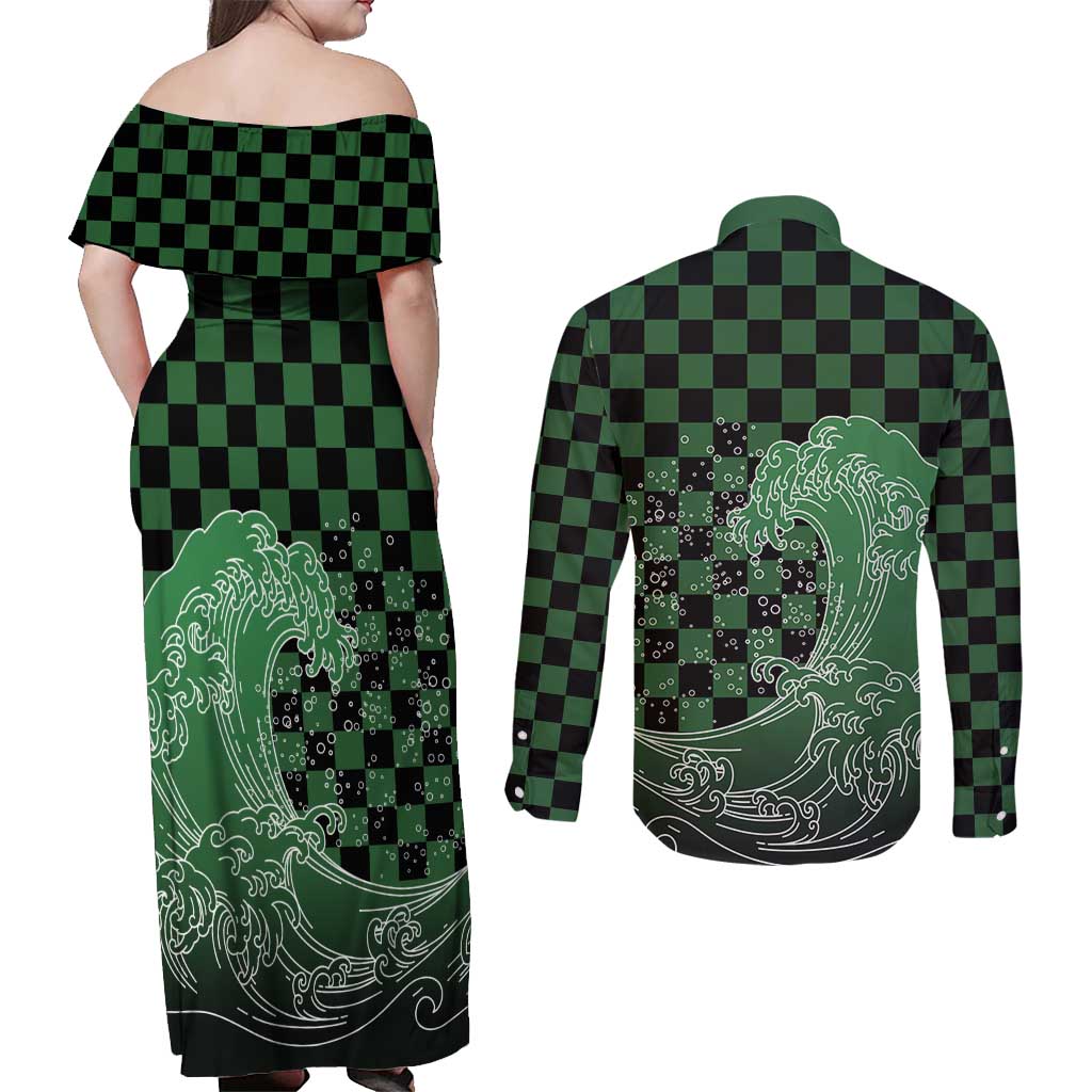 Japanese Asanoha Pattern Couples Matching Off Shoulder Maxi Dress and Long Sleeve Button Shirt Water Breathing Slayer Dragon LT9 - Polynesian Pride