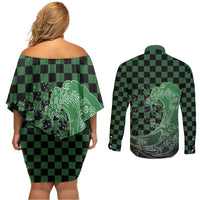 Japanese Asanoha Pattern Couples Matching Off Shoulder Short Dress and Long Sleeve Button Shirt Water Breathing Slayer Dragon LT9 - Polynesian Pride
