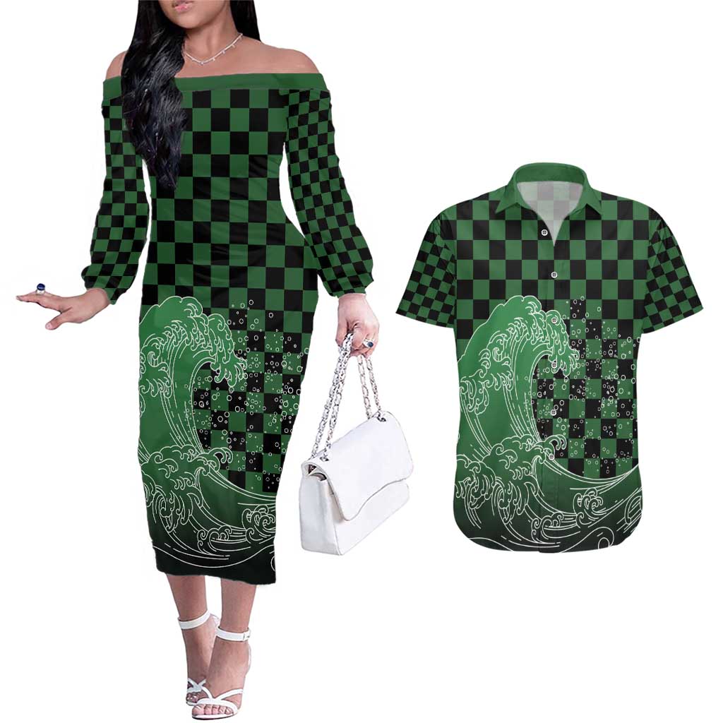Japanese Asanoha Pattern Couples Matching Off The Shoulder Long Sleeve Dress and Hawaiian Shirt Water Breathing Slayer Dragon - Polynesian Pride