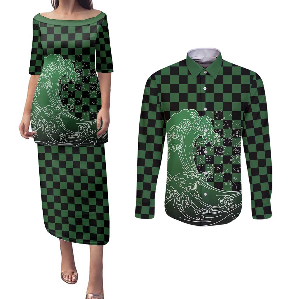 Japanese Asanoha Pattern Couples Matching Puletasi and Long Sleeve Button Shirt Water Breathing Slayer Dragon LT9 Green - Polynesian Pride