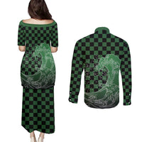 Japanese Asanoha Pattern Couples Matching Puletasi and Long Sleeve Button Shirt Water Breathing Slayer Dragon - Polynesian Pride