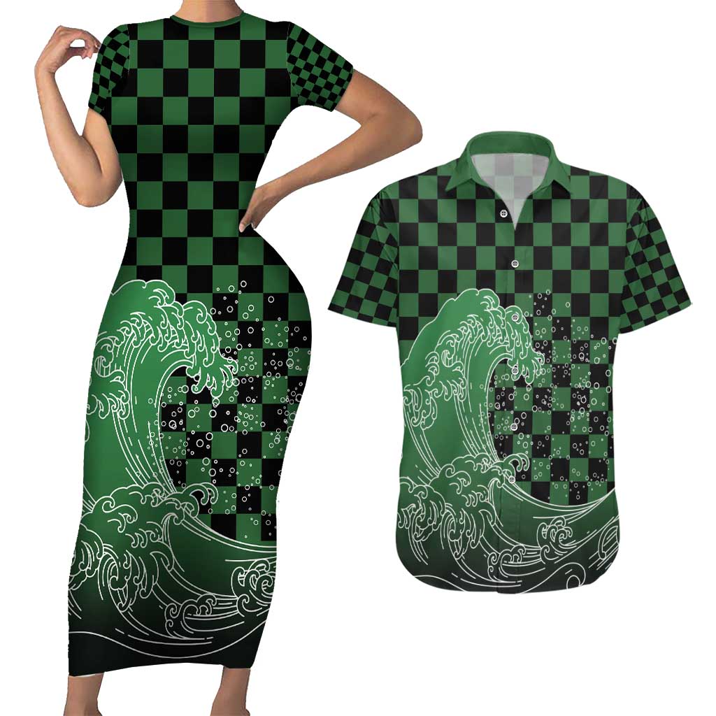 Japanese Asanoha Pattern Couples Matching Short Sleeve Bodycon Dress and Hawaiian Shirt Water Breathing Slayer Dragon - Polynesian Pride