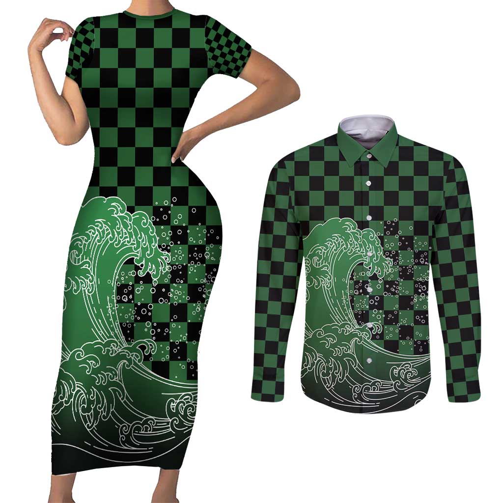 Japanese Asanoha Pattern Couples Matching Short Sleeve Bodycon Dress and Long Sleeve Button Shirt Water Breathing Slayer Dragon LT9 Green - Polynesian Pride