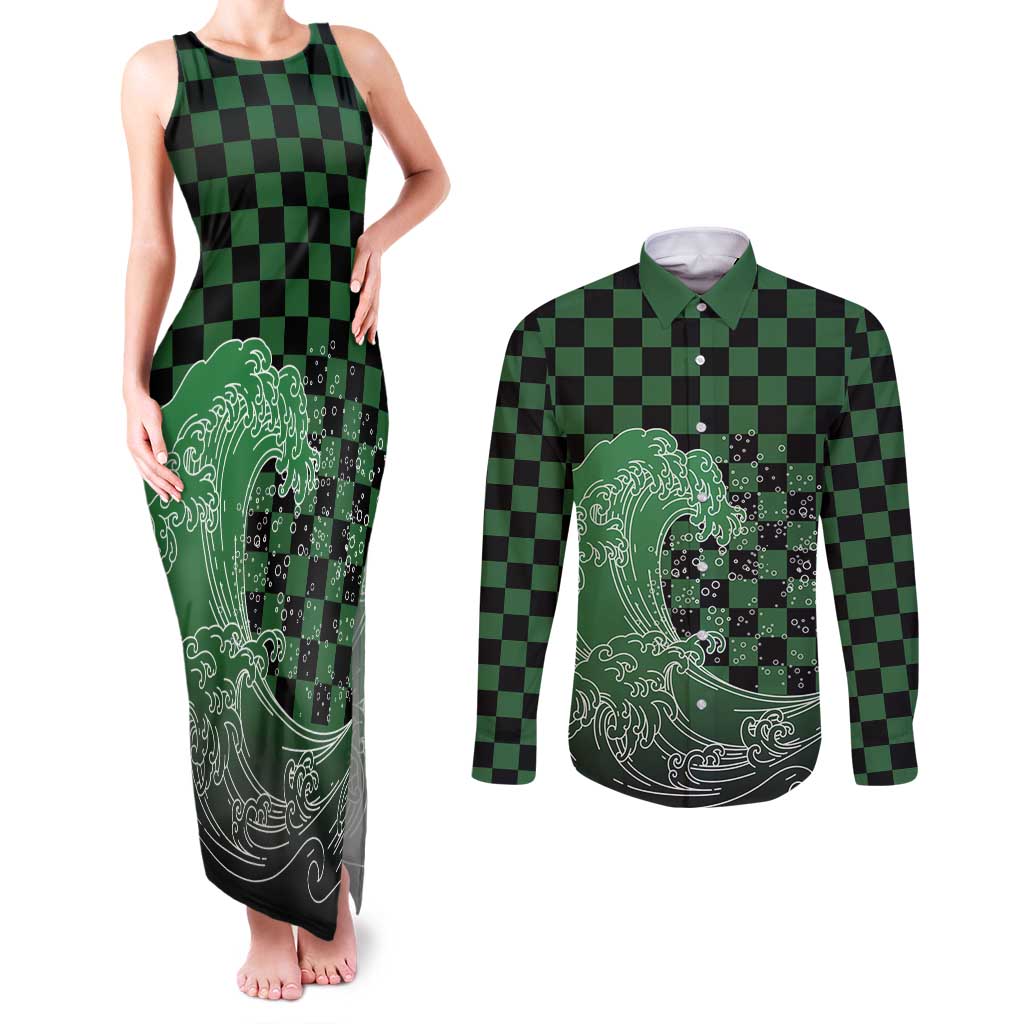 Japanese Asanoha Pattern Couples Matching Tank Maxi Dress and Long Sleeve Button Shirt Water Breathing Slayer Dragon LT9 Green - Polynesian Pride