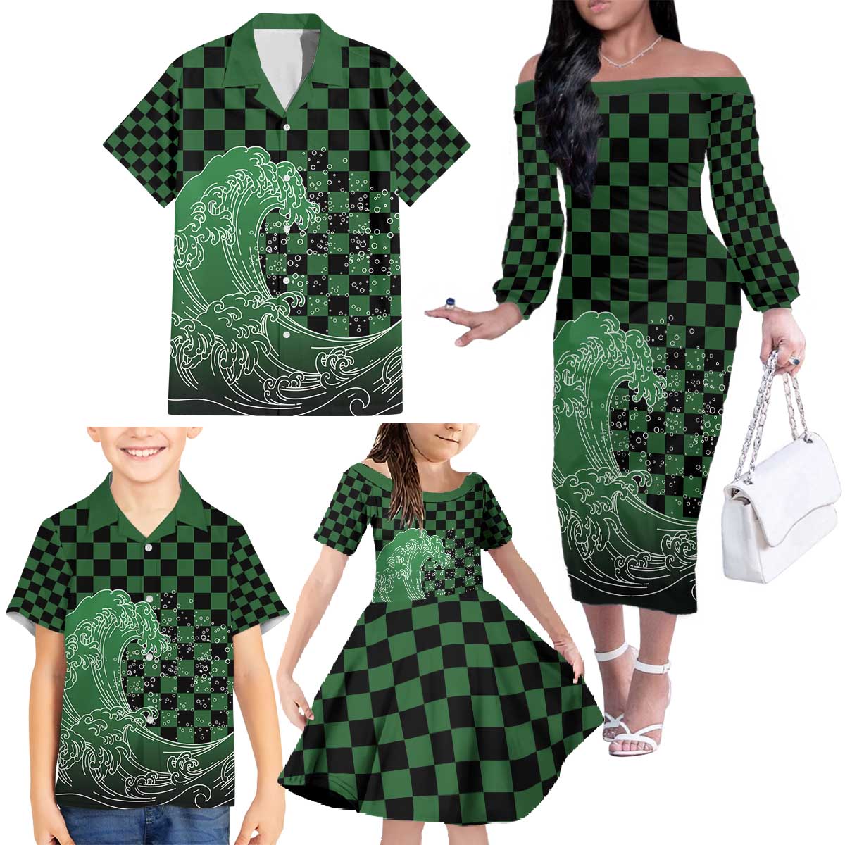 Japanese Asanoha Pattern Family Matching Off The Shoulder Long Sleeve Dress and Hawaiian Shirt Water Breathing Slayer Dragon - Polynesian Pride
