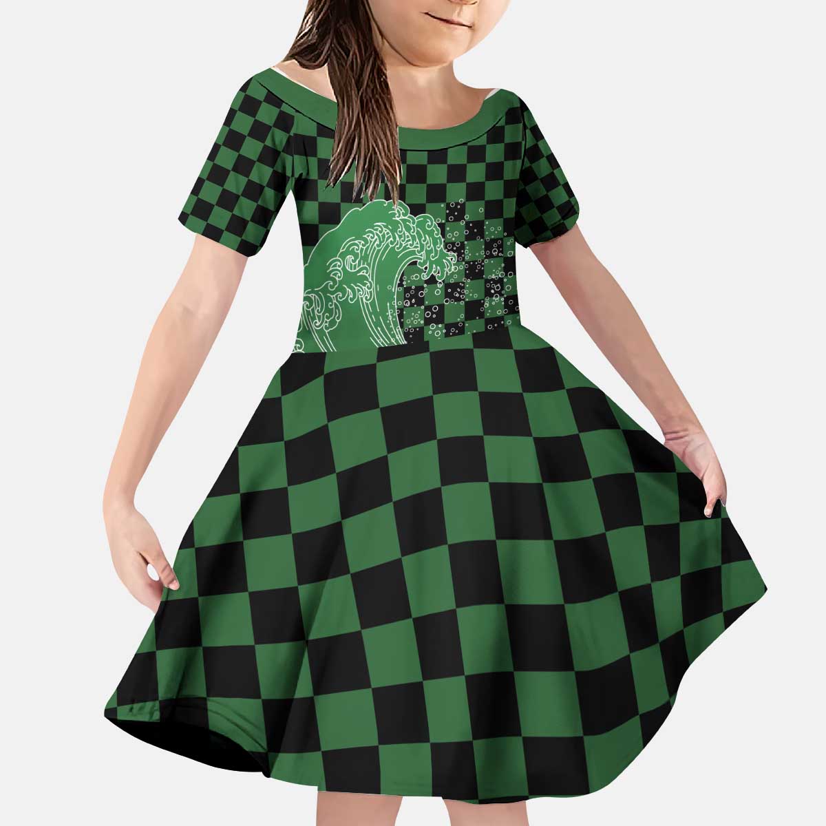 Japanese Asanoha Pattern Kid Short Sleeve Dress Water Breathing Slayer Dragon LT9 KID Green - Polynesian Pride