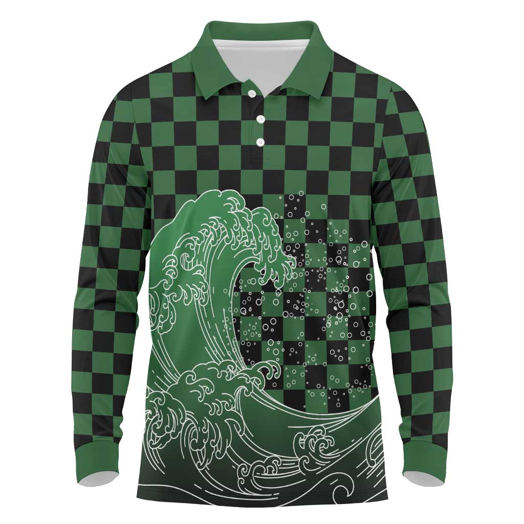 Japanese Asanoha Pattern Long Sleeve Polo Shirt Water Breathing Slayer Dragon LT9 Green - Polynesian Pride