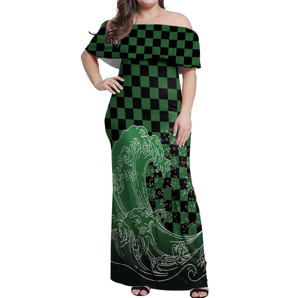 Japanese Asanoha Pattern Off Shoulder Maxi Dress Water Breathing Slayer Dragon LT9 Women Green - Polynesian Pride