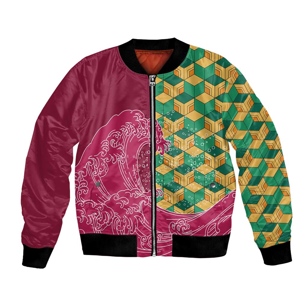 Japanese Bishamon-Kikkou Pattern Bomber Jacket Water Pillar Silent River Flow - Polynesian Pride