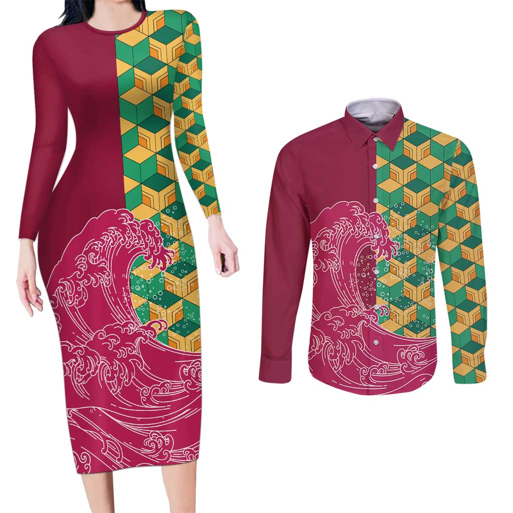 Japanese Bishamon-Kikkou Pattern Couples Matching Long Sleeve Bodycon Dress and Long Sleeve Button Shirt Water Pillar Silent River Flow LT9 Burgundy - Polynesian Pride