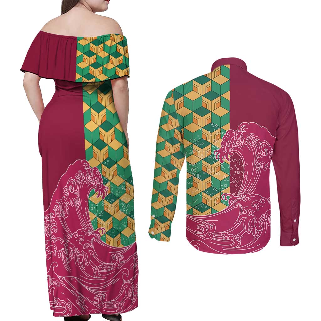 Japanese Bishamon-Kikkou Pattern Couples Matching Off Shoulder Maxi Dress and Long Sleeve Button Shirt Water Pillar Silent River Flow - Polynesian Pride