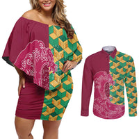 Japanese Bishamon-Kikkou Pattern Couples Matching Off Shoulder Short Dress and Long Sleeve Button Shirt Water Pillar Silent River Flow LT9 Burgundy - Polynesian Pride