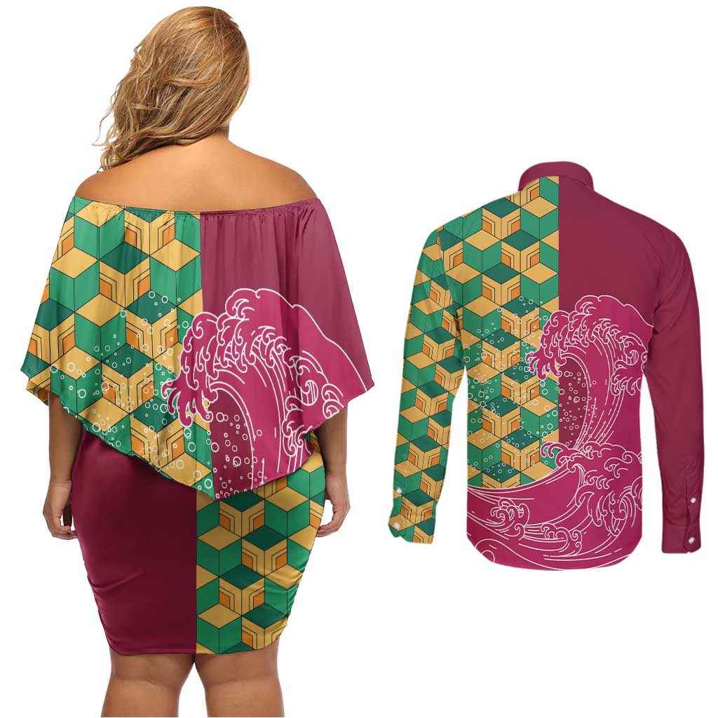 Japanese Bishamon-Kikkou Pattern Couples Matching Off Shoulder Short Dress and Long Sleeve Button Shirt Water Pillar Silent River Flow LT9 - Polynesian Pride