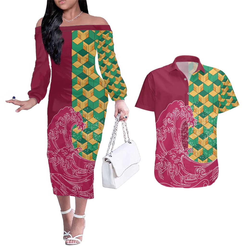 Japanese Bishamon-Kikkou Pattern Couples Matching Off The Shoulder Long Sleeve Dress and Hawaiian Shirt Water Pillar Silent River Flow - Polynesian Pride