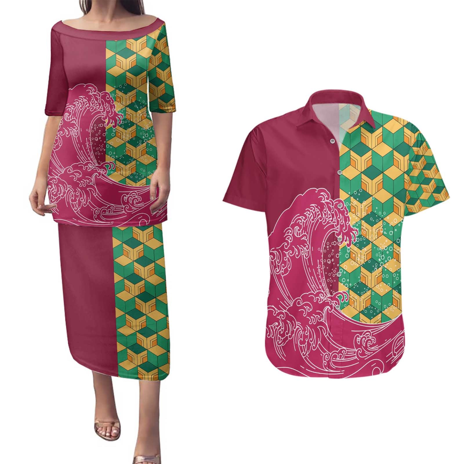 Japanese Bishamon-Kikkou Pattern Couples Matching Puletasi and Hawaiian Shirt Water Pillar Silent River Flow - Polynesian Pride