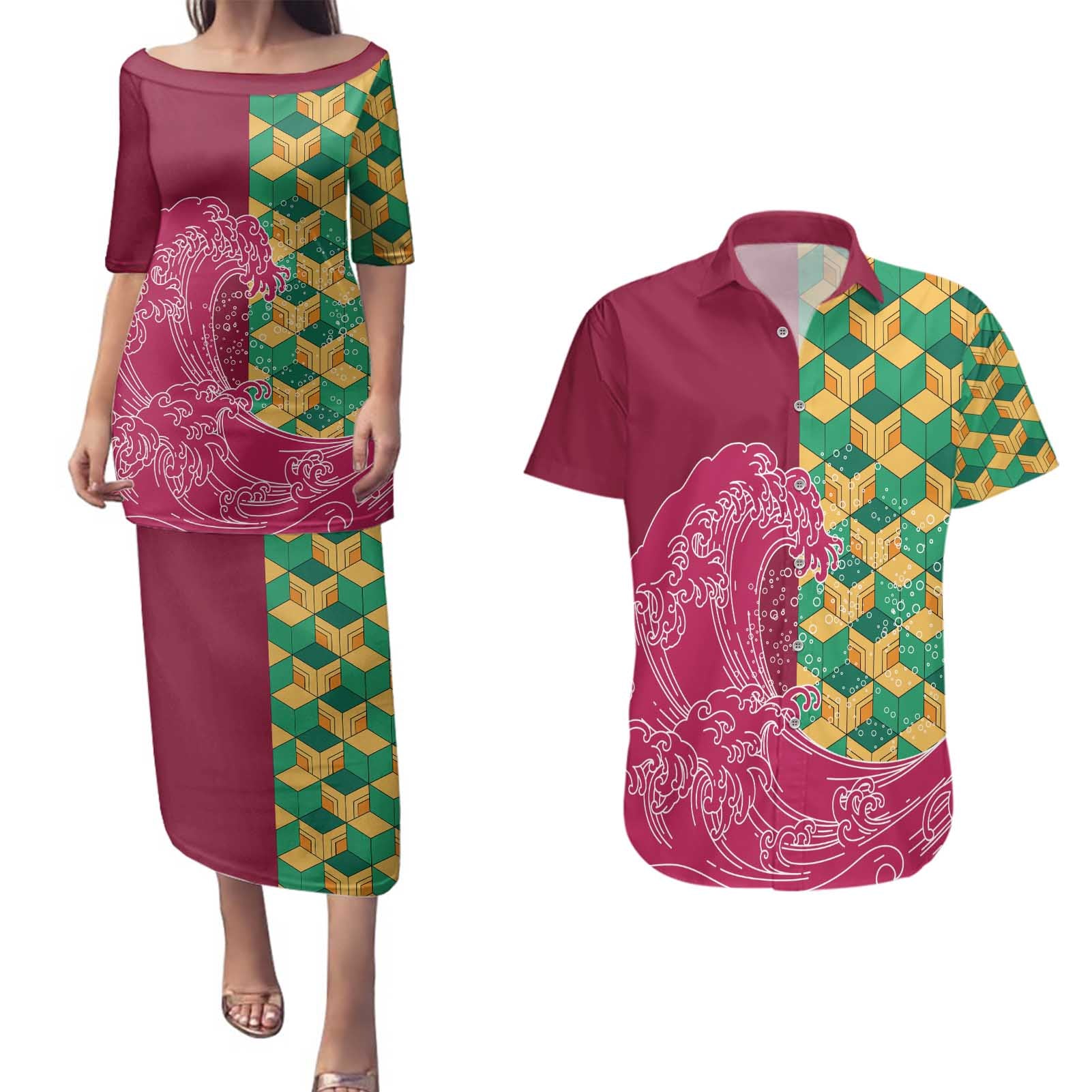 Japanese Bishamon-Kikkou Pattern Couples Matching Puletasi and Hawaiian Shirt Water Pillar Silent River Flow - Polynesian Pride