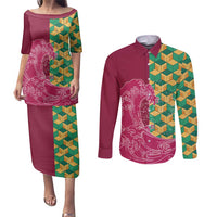 Japanese Bishamon-Kikkou Pattern Couples Matching Puletasi and Long Sleeve Button Shirt Water Pillar Silent River Flow LT9 Burgundy - Polynesian Pride
