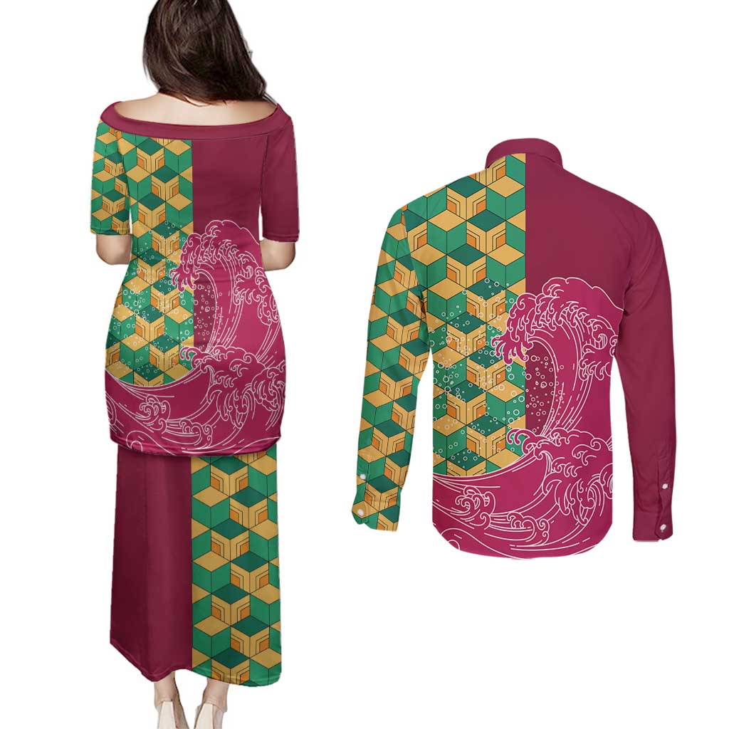 Japanese Bishamon-Kikkou Pattern Couples Matching Puletasi and Long Sleeve Button Shirt Water Pillar Silent River Flow LT9 - Polynesian Pride