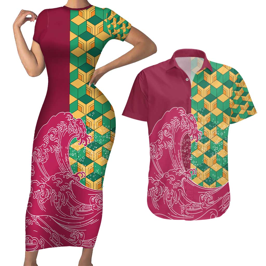 Japanese Bishamon-Kikkou Pattern Couples Matching Short Sleeve Bodycon Dress and Hawaiian Shirt Water Pillar Silent River Flow - Polynesian Pride