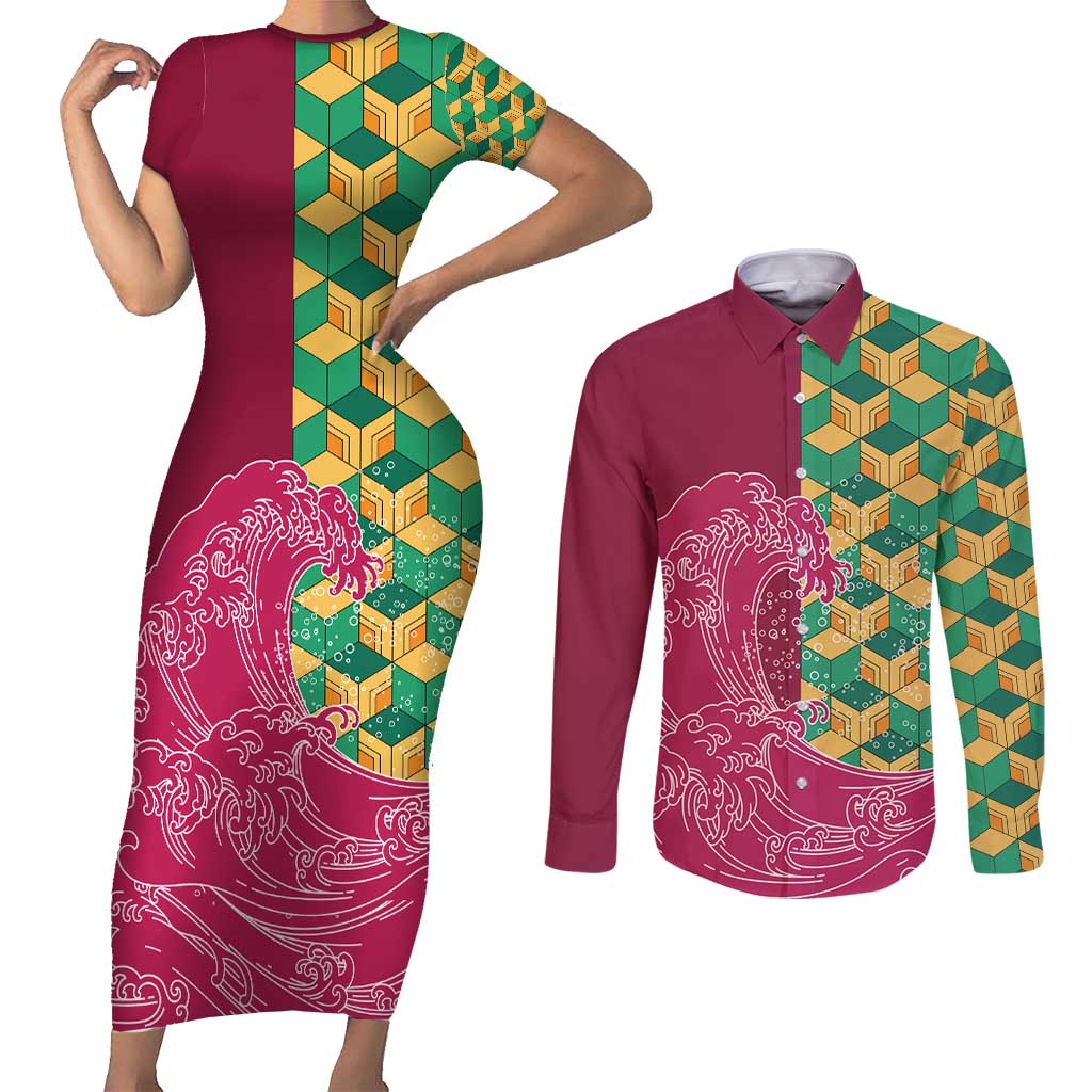 Japanese Bishamon-Kikkou Pattern Couples Matching Short Sleeve Bodycon Dress and Long Sleeve Button Shirt Water Pillar Silent River Flow LT9 Burgundy - Polynesian Pride