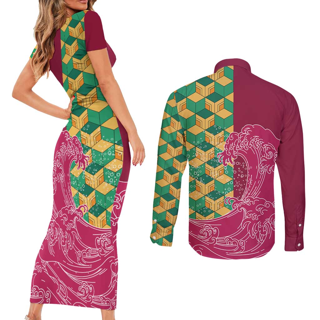 Japanese Bishamon-Kikkou Pattern Couples Matching Short Sleeve Bodycon Dress and Long Sleeve Button Shirt Water Pillar Silent River Flow LT9 - Polynesian Pride