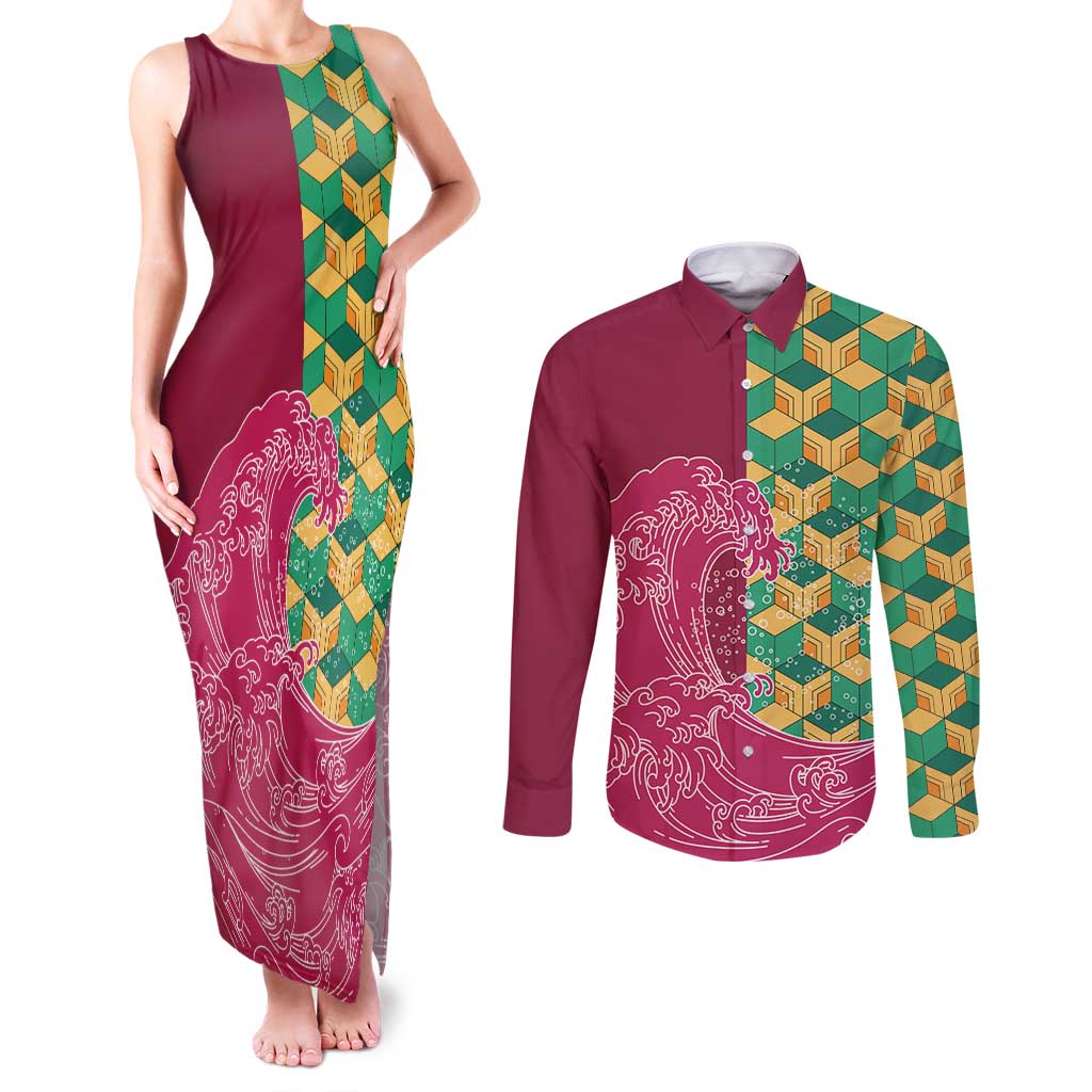 Japanese Bishamon-Kikkou Pattern Couples Matching Tank Maxi Dress and Long Sleeve Button Shirt Water Pillar Silent River Flow LT9 Burgundy - Polynesian Pride