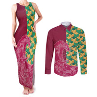 Japanese Bishamon-Kikkou Pattern Couples Matching Tank Maxi Dress and Long Sleeve Button Shirt Water Pillar Silent River Flow LT9 Burgundy - Polynesian Pride