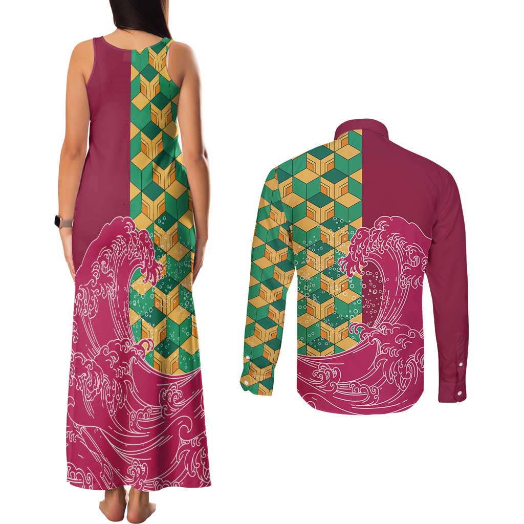 Japanese Bishamon-Kikkou Pattern Couples Matching Tank Maxi Dress and Long Sleeve Button Shirt Water Pillar Silent River Flow LT9 - Polynesian Pride