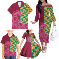 Japanese Bishamon-Kikkou Pattern Family Matching Off The Shoulder Long Sleeve Dress and Hawaiian Shirt Water Pillar Silent River Flow - Polynesian Pride