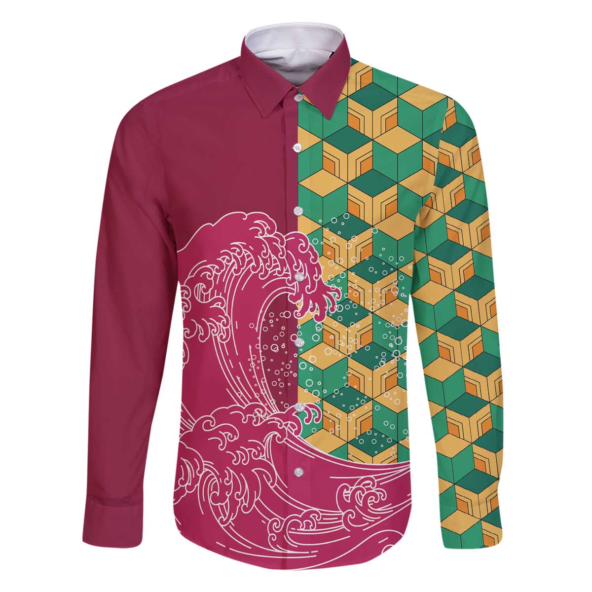 Japanese Bishamon-Kikkou Pattern Family Matching Off The Shoulder Long Sleeve Dress and Hawaiian Shirt Water Pillar Silent River Flow - Polynesian Pride