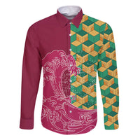 Japanese Bishamon-Kikkou Pattern Family Matching Off The Shoulder Long Sleeve Dress and Hawaiian Shirt Water Pillar Silent River Flow - Polynesian Pride