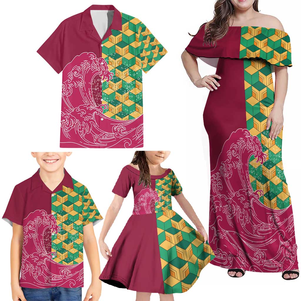 Japanese Bishamon-Kikkou Pattern Family Matching Off Shoulder Maxi Dress and Hawaiian Shirt Water Pillar Silent River Flow - Polynesian Pride